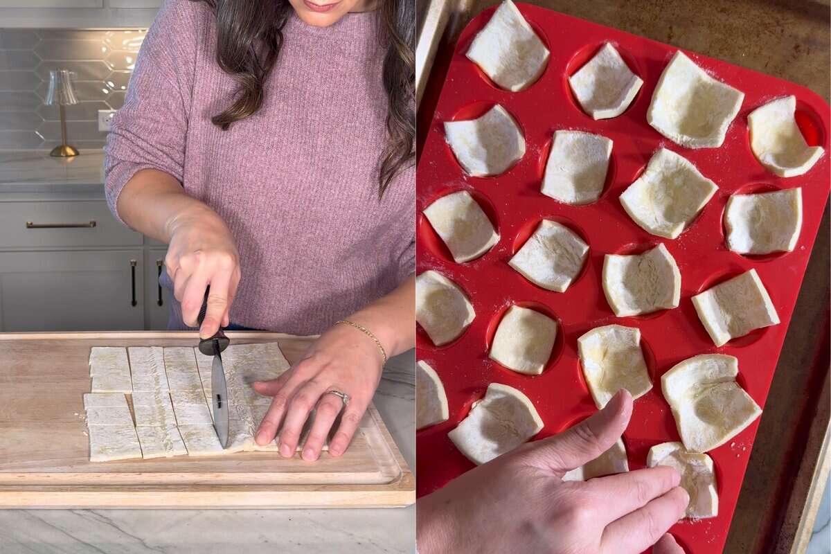 this shows me using my pizza cutter to slice the pastry dough and then place it in the mini muffin liner. 