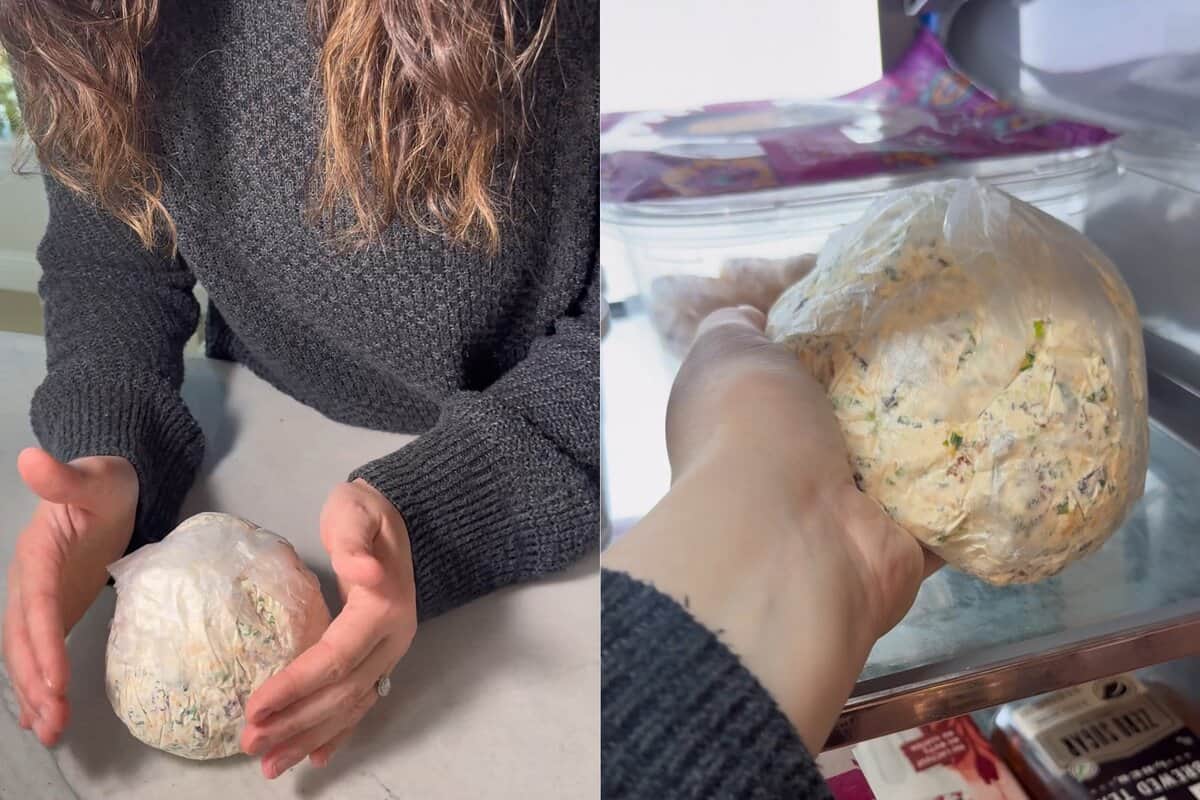 this shows me shaping the cheeseball and placing it in the fridge 