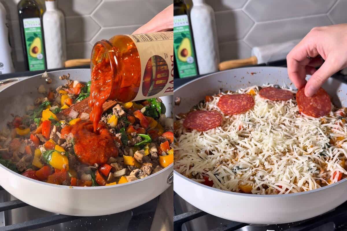 this shows me adding the marinara sauce and then topping with mozzarella and cheese. 