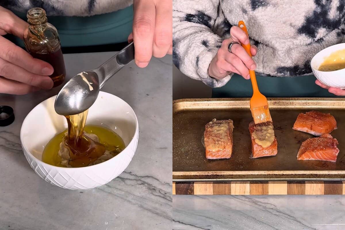 this shows me mixing the glaze and then adding it on top of the salmon filet 