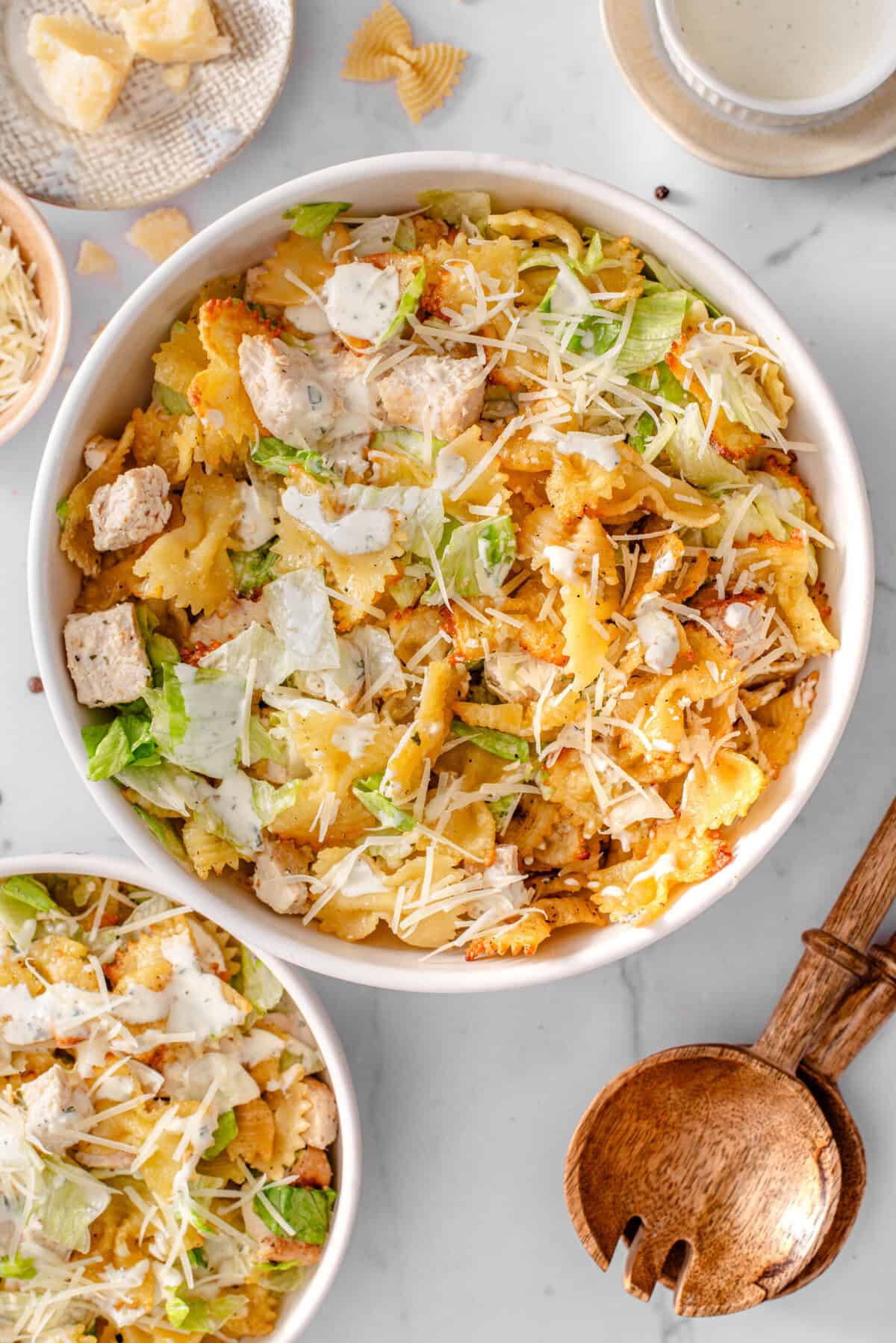 This is a top view of my easy crispy caesar pasta salad recipe with chicken