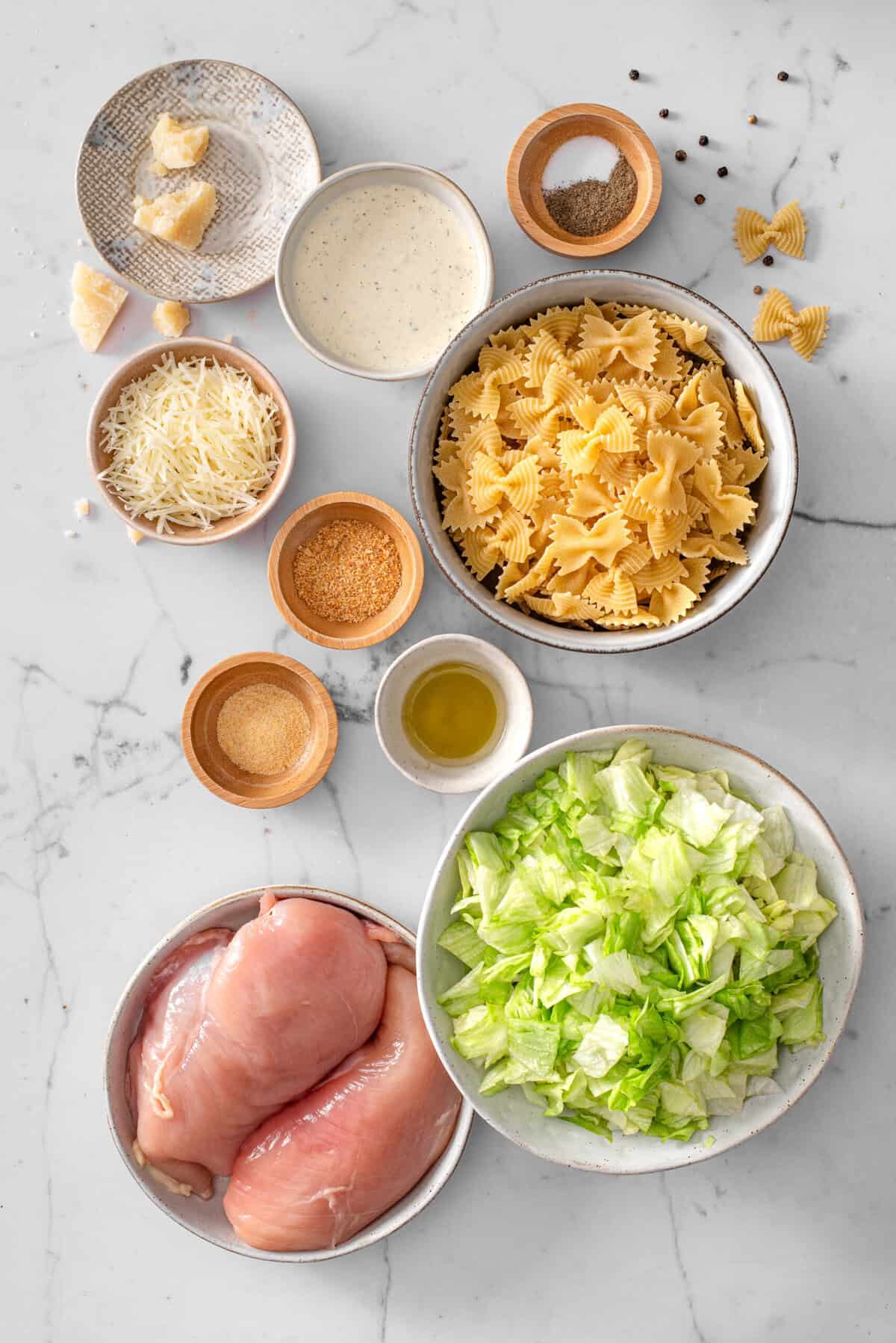 this is an overhead view of all of the individual ingredients needed for this recipe.