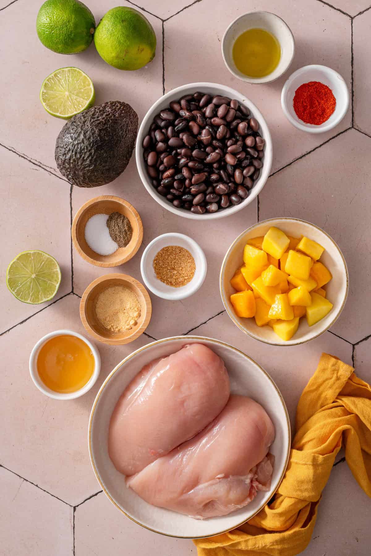 All the ingredients needed for the honey lime chicken bowls.