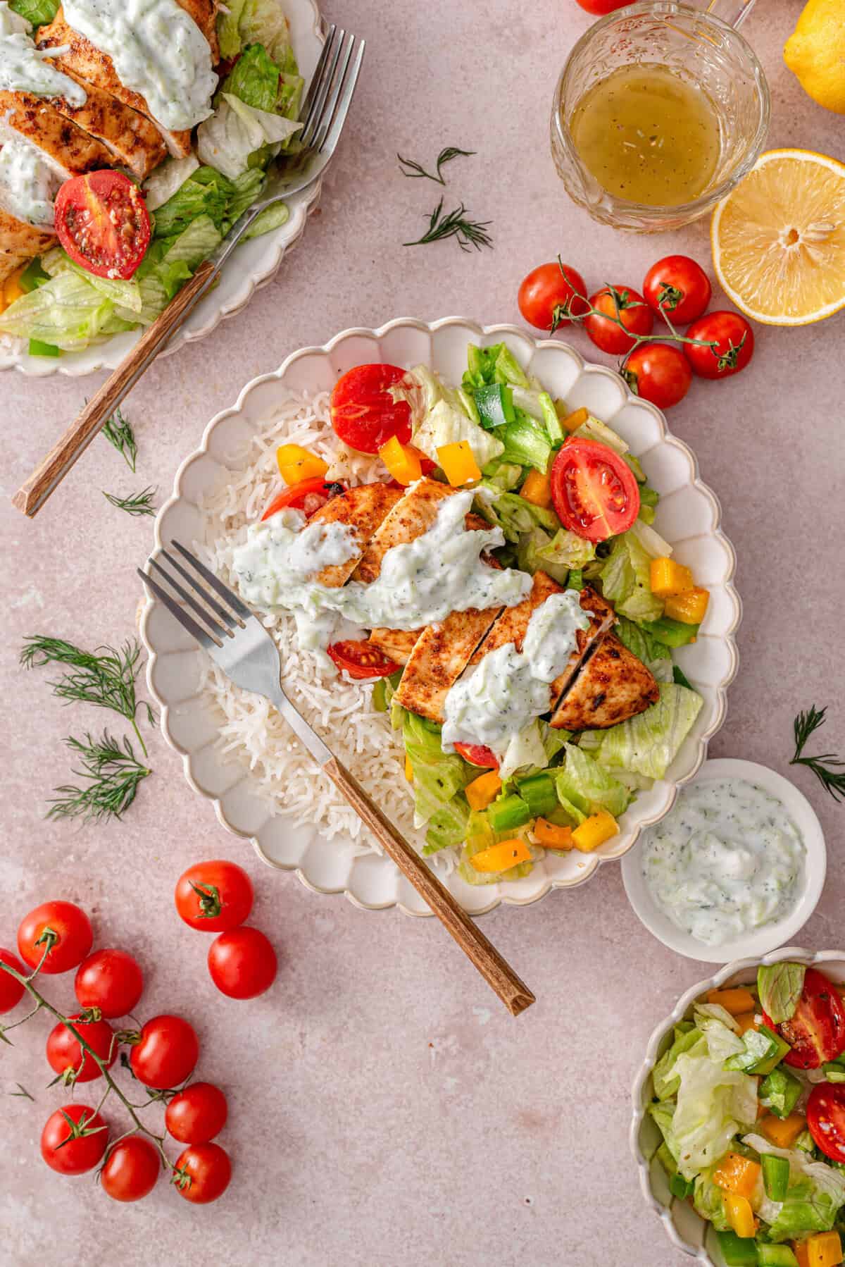this is a top view of my easy mediterranean chicken bowl with tzatziki 