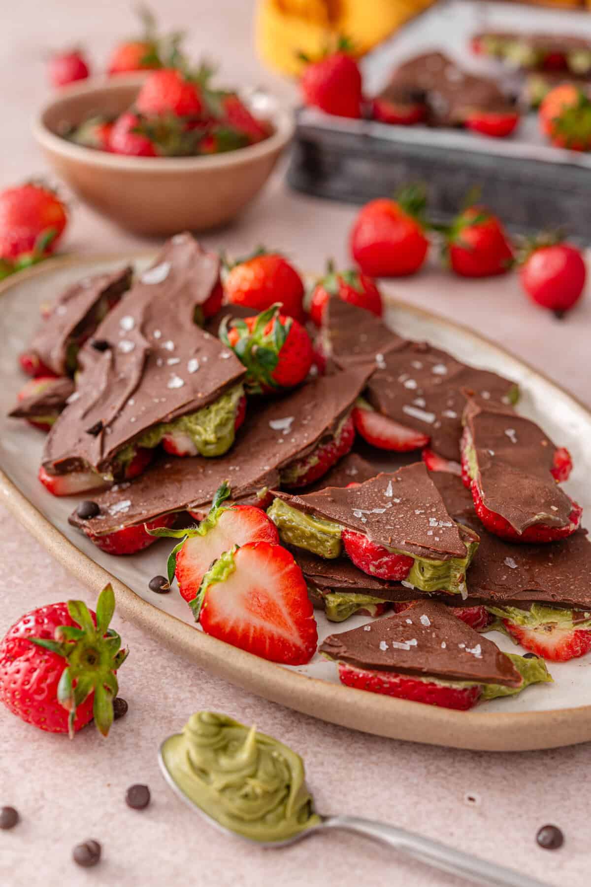 this is a side view close up of my dubai chocolate strawberry bark 