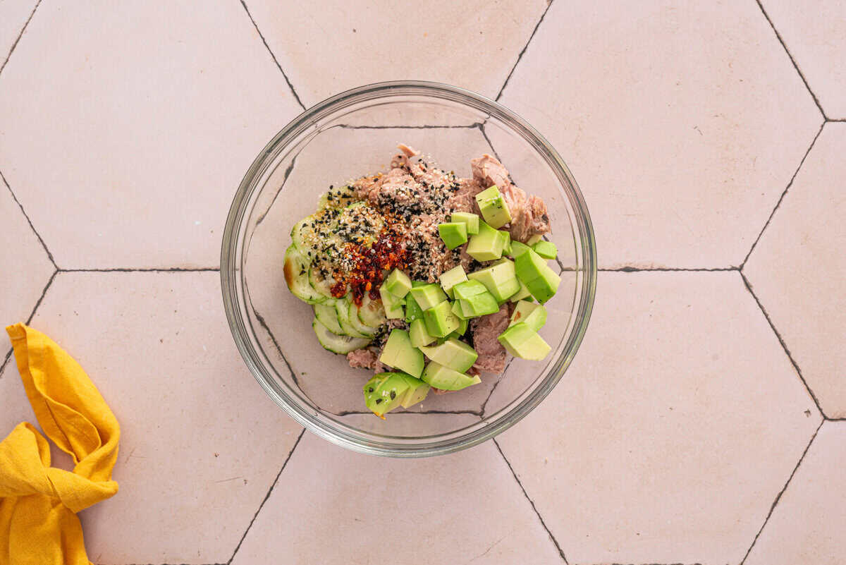 Overhead shot of ingredients in a bowl.
