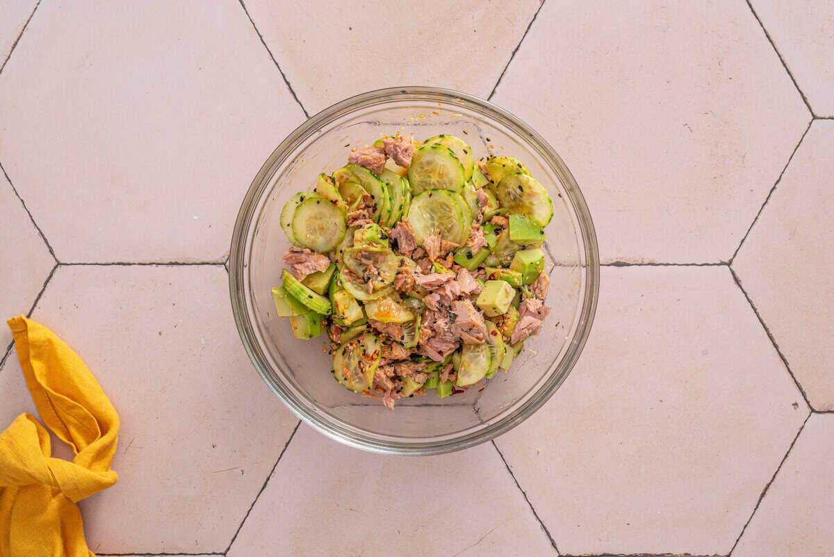 Overhead picture of ingredients mixed together.