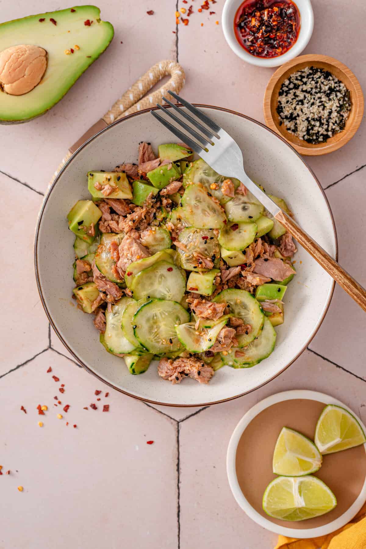 A overhead shot of my tuna cucumber salad.