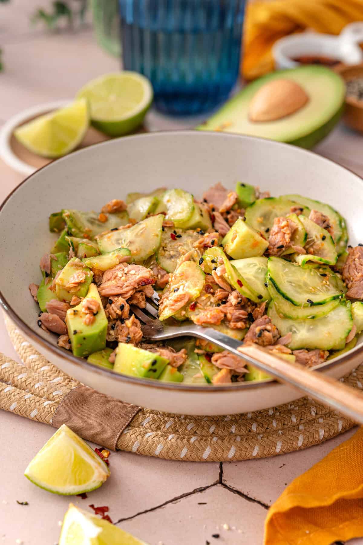 A sideview shot of my tuna cucumber salad.