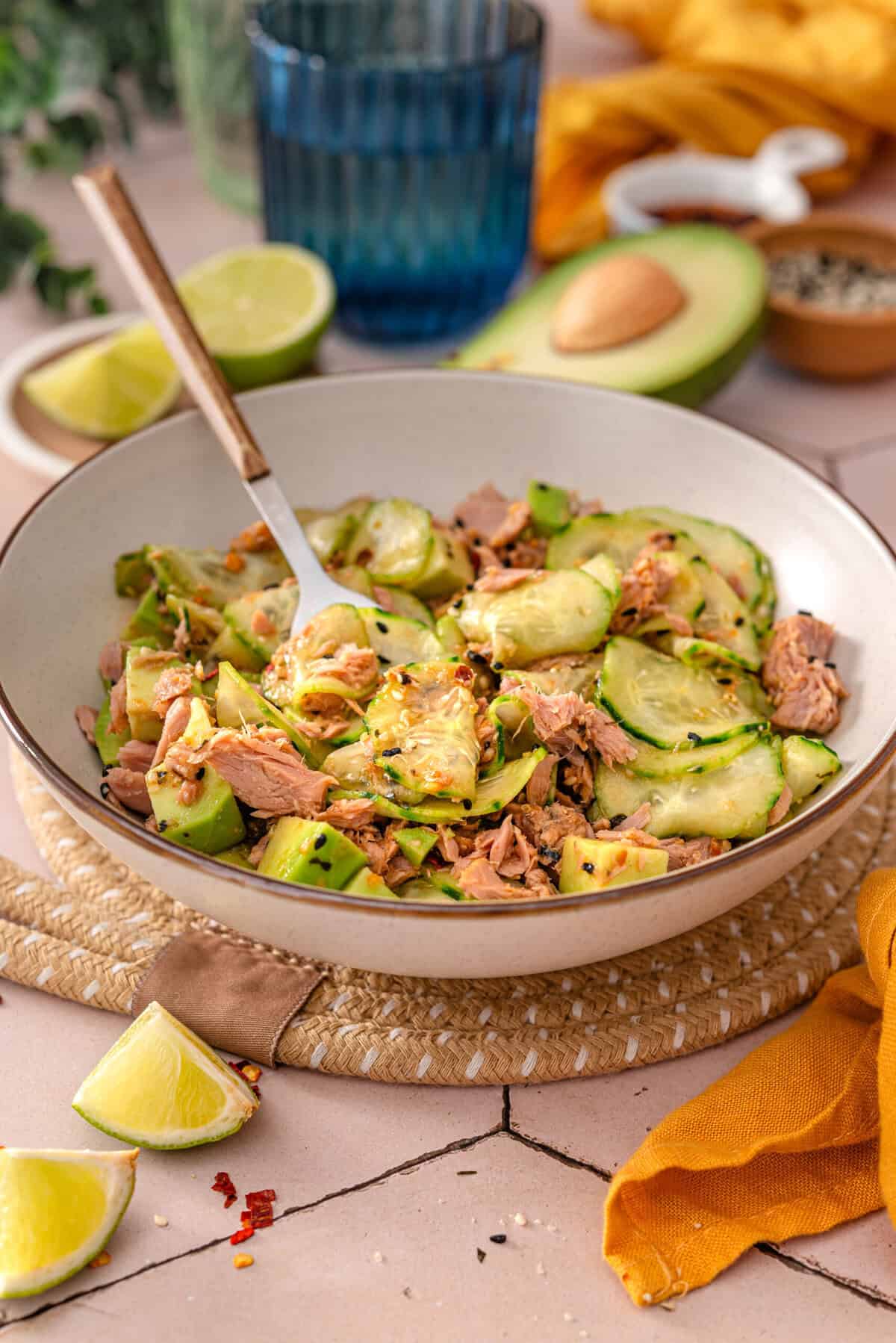 A sideview shot of my tuna cucumber salad.