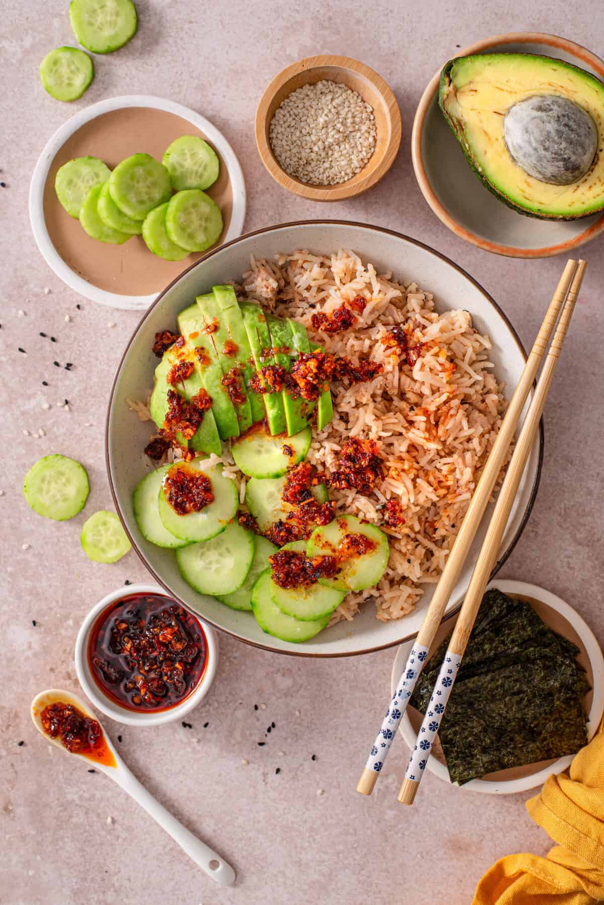 overhead view of my easy and balanced tuna rice bowl 