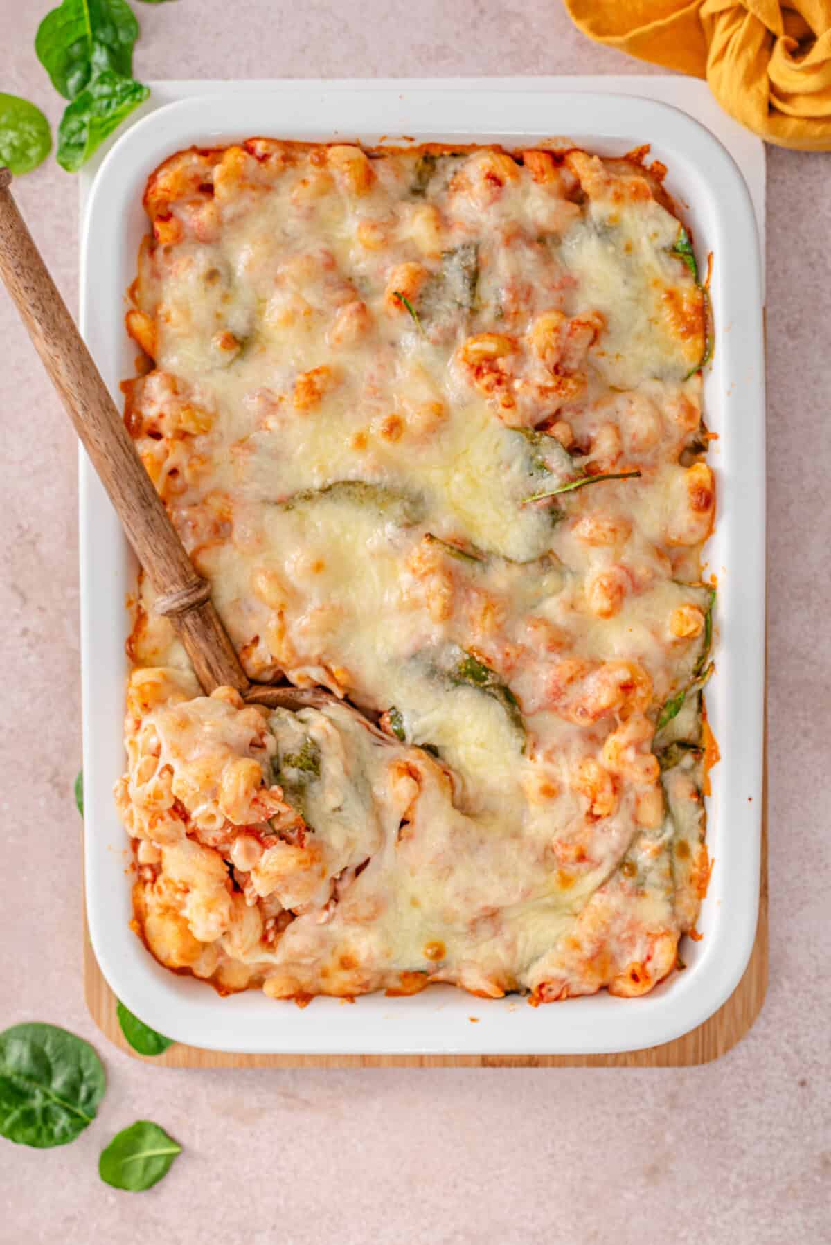 this is an overhead shot of my lazy high protein pasta bake in the pan