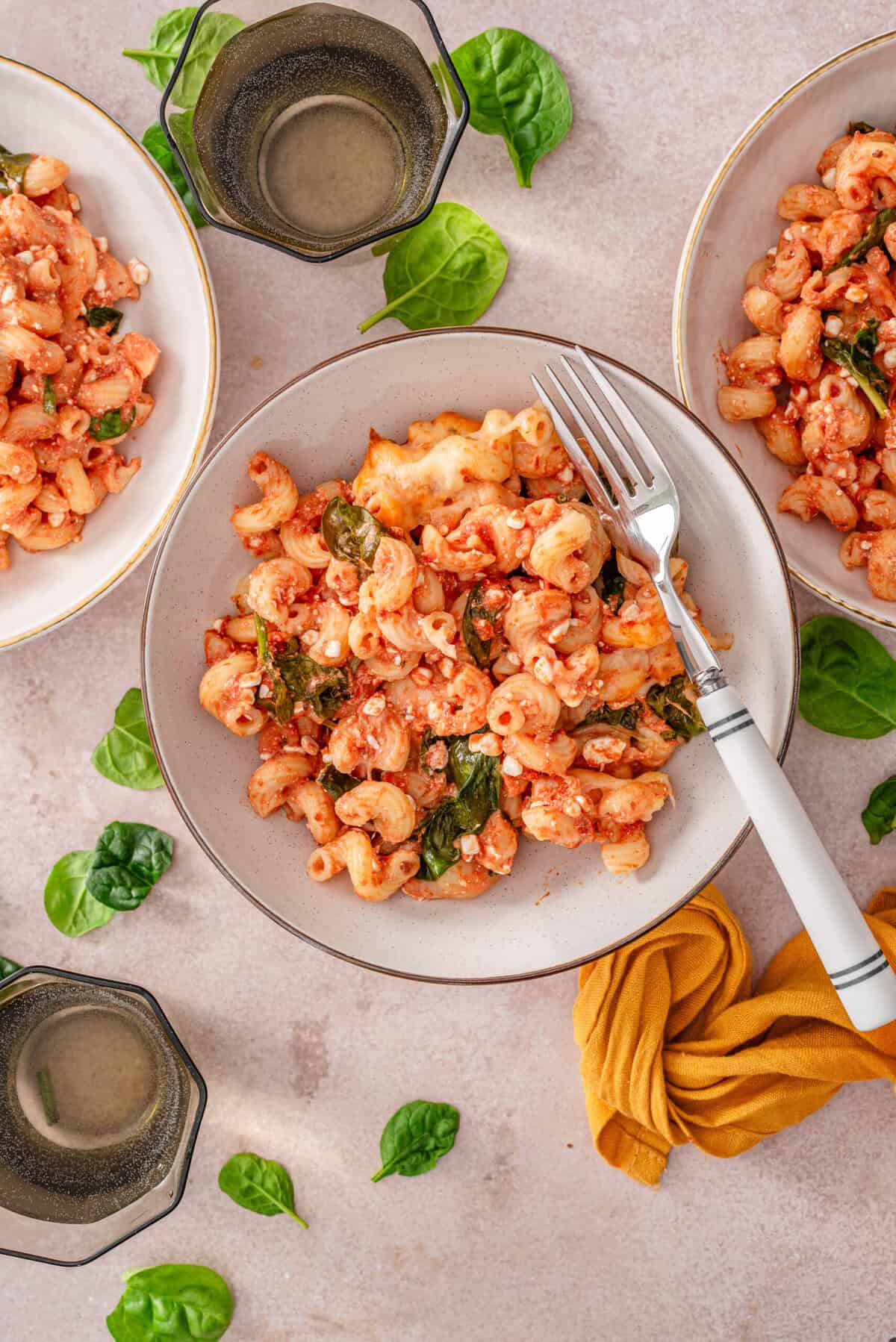 this is an overhead view of my lazy high protein pasta bake in a bowl