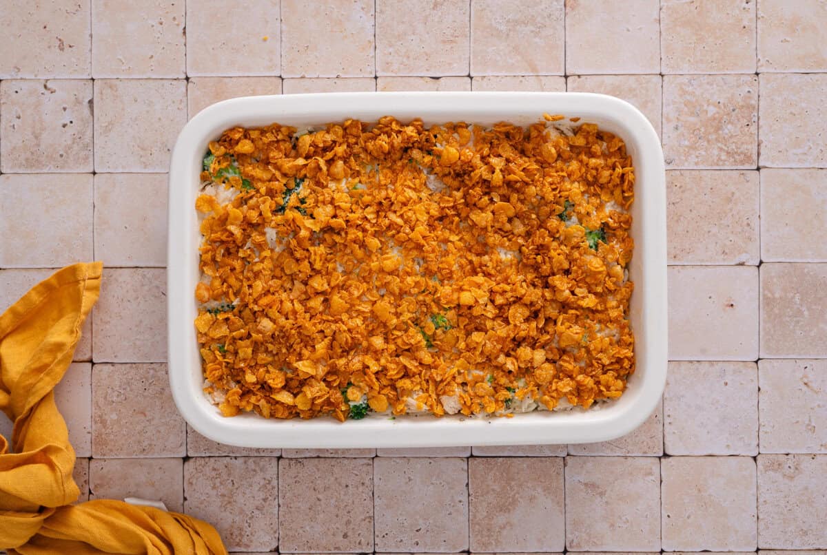 top view of my chicken poppyseed casserole right after it has baked.