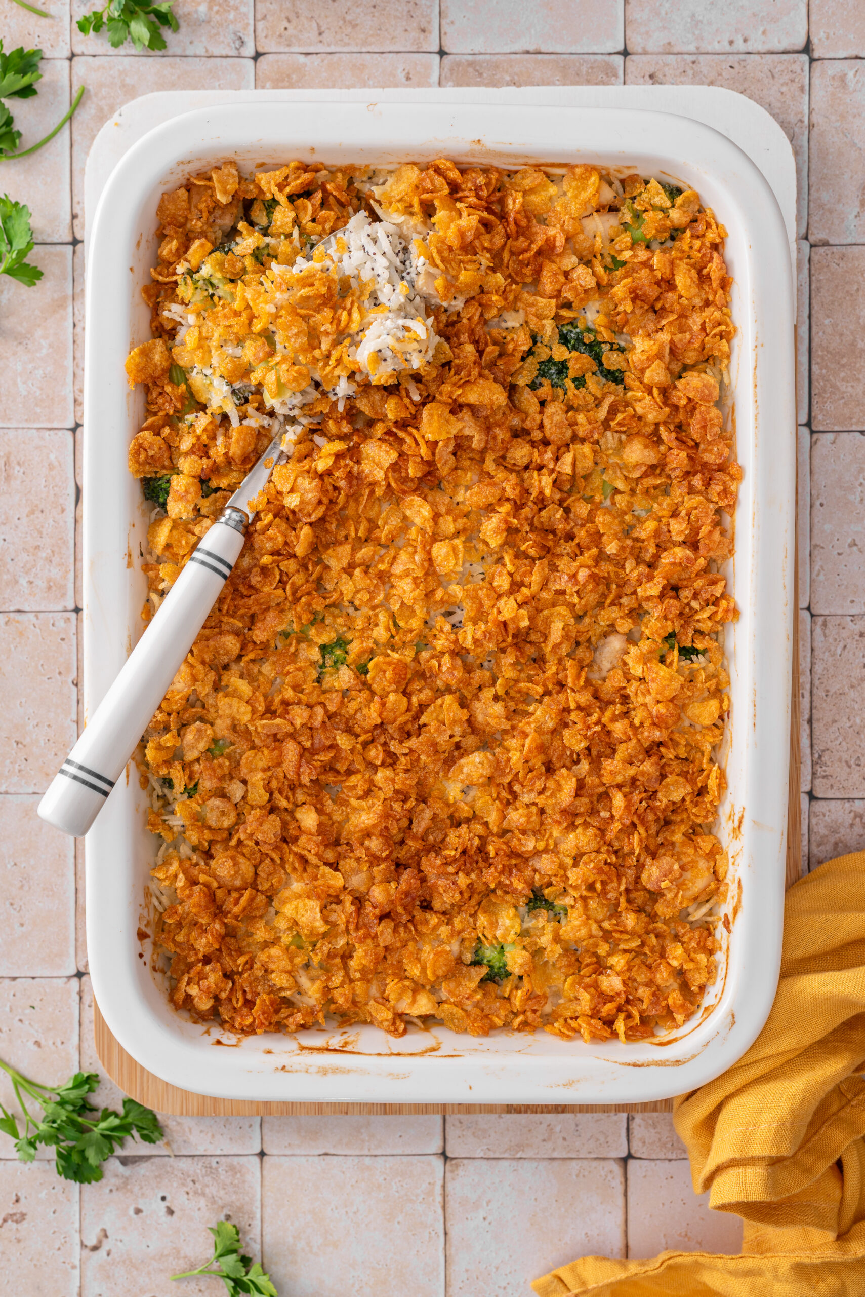 top view of the baked easy and healthy poppyseed chicken casserole with broccoli and rice 