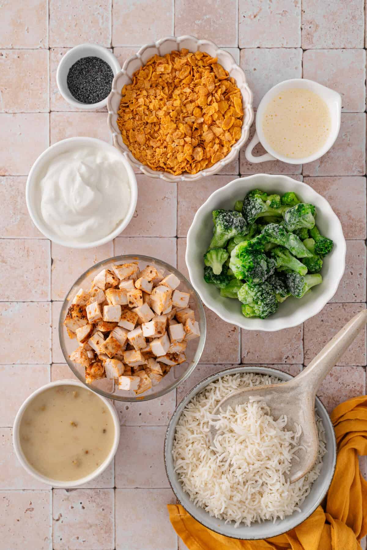 this is a top view of all the ingredients in my easy and healthy poppyseed chicken casserole with broccoli and rice 