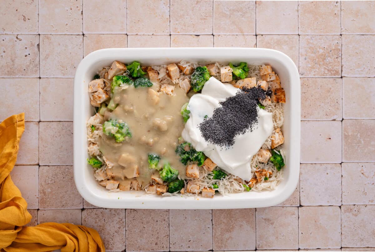 the casserole dish with chicken soup and greek yogurt and poppyseeds added.