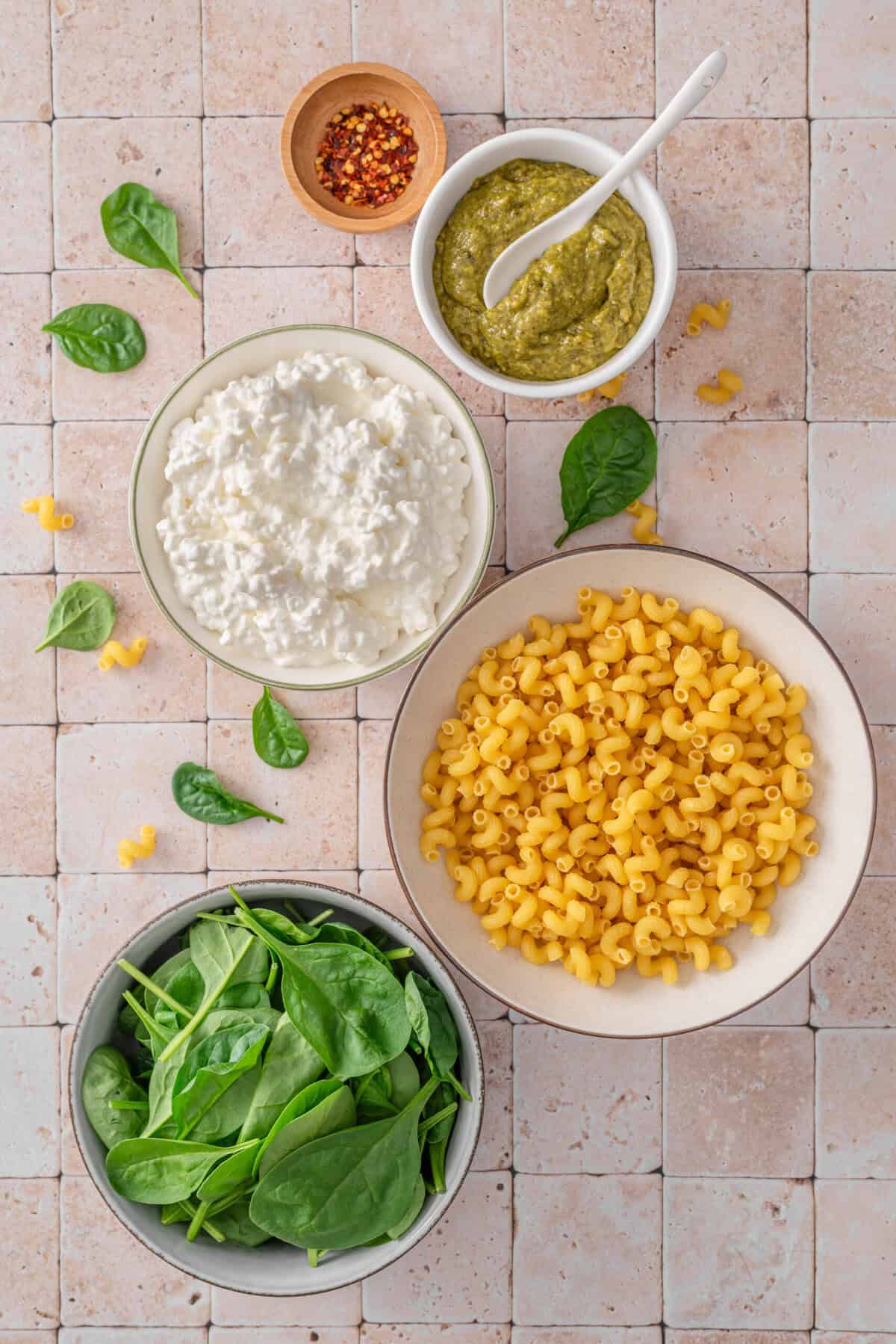 this is a top view of the ingredients that I used for my Easy & Healthy High Protein Creamy Pesto Pasta Salad