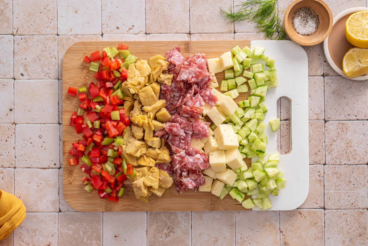 this is a top view of the cutting board with all the ingredients prepared 