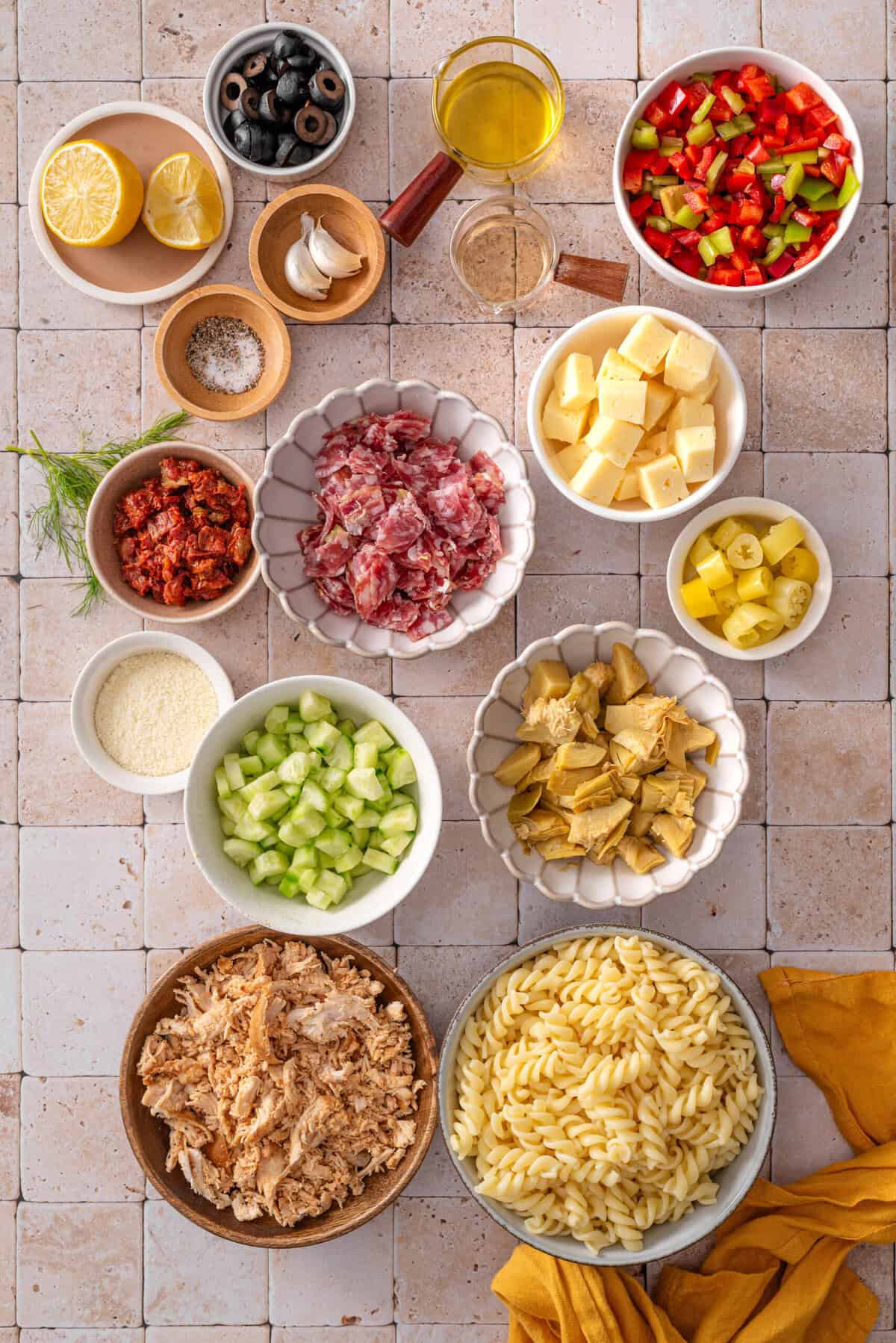 this is a top view of all of the ingredients that I used for my Italian Meal Prep Pasta Salad