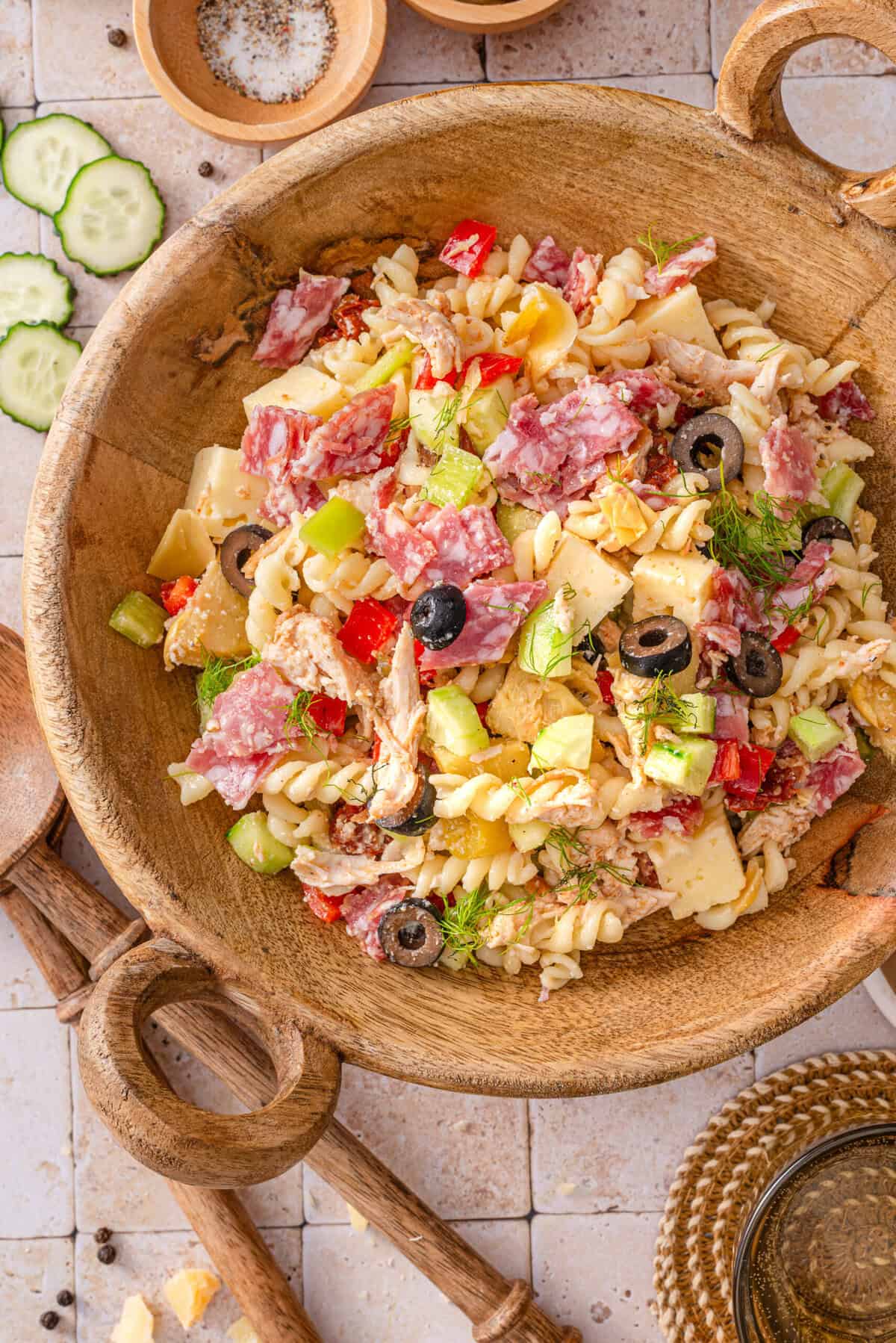 this is a top view of my  Italian Meal Prep Pasta Salad in a large wooden salad bowl 