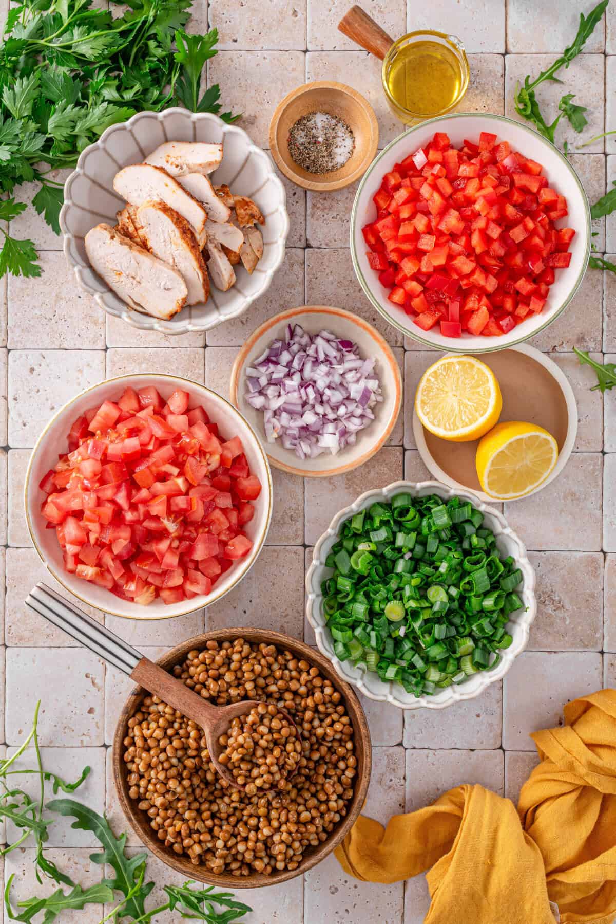 these are all the ingredients that you need to make my Lentil Tabouli Salad