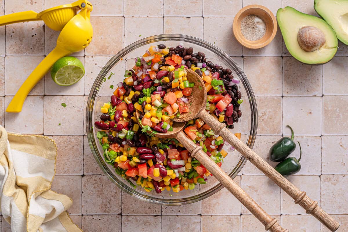 Overhead shot of the cowboy caviar with chopped vegetables and beans.
