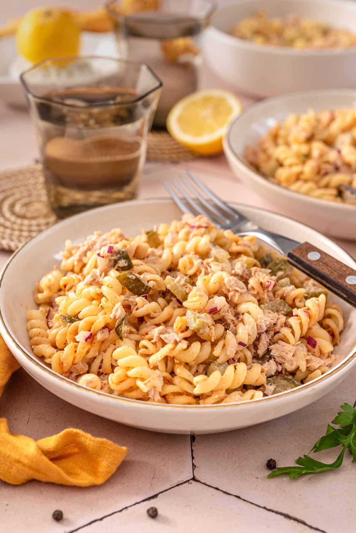 this is a side view close up of my easy and healthy dill pickle pasta salad. 