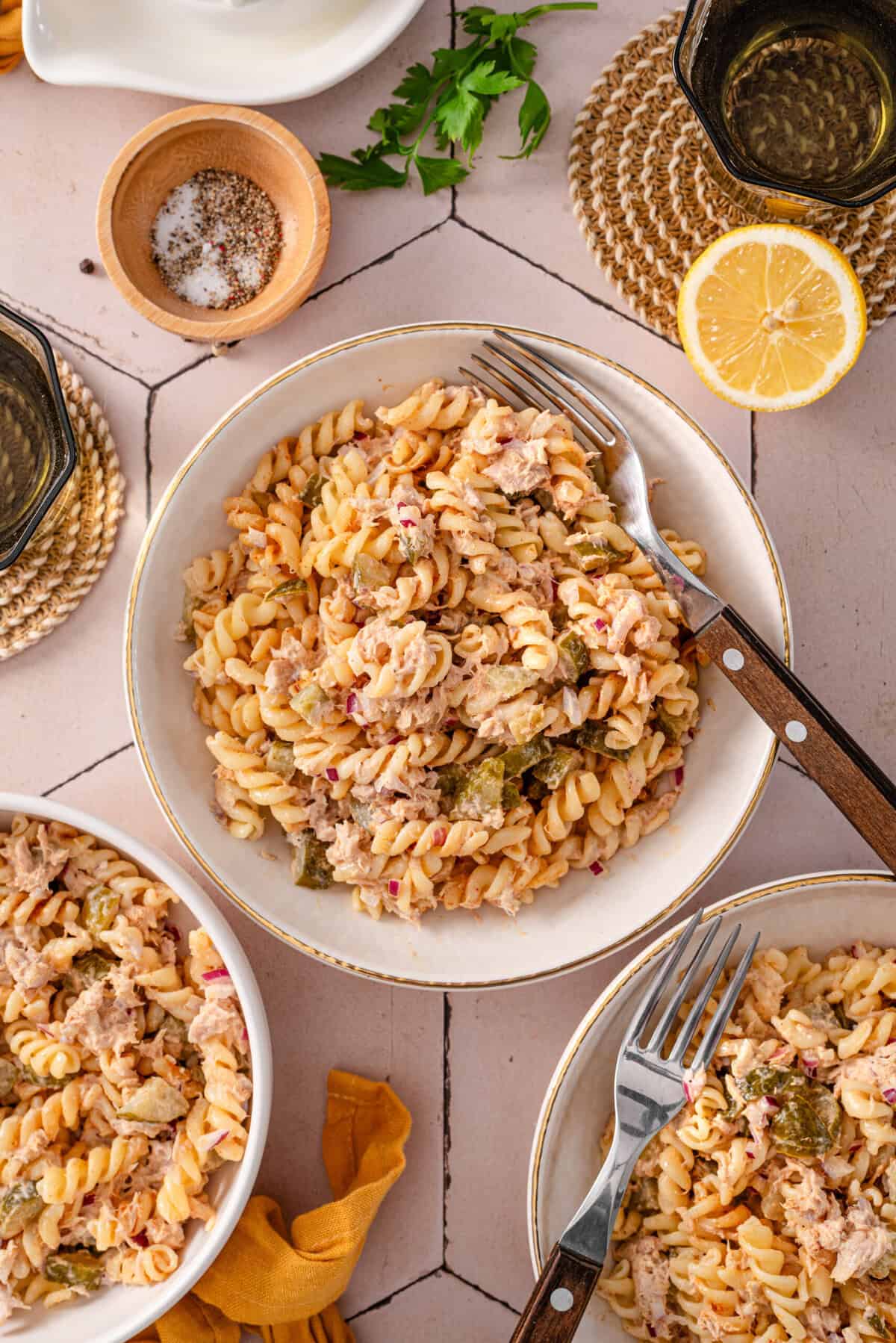 this is an overhead view close up of my easy and healthy dill pickle pasta salad. 