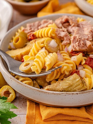 Side shot of my tuscan pasta salad.