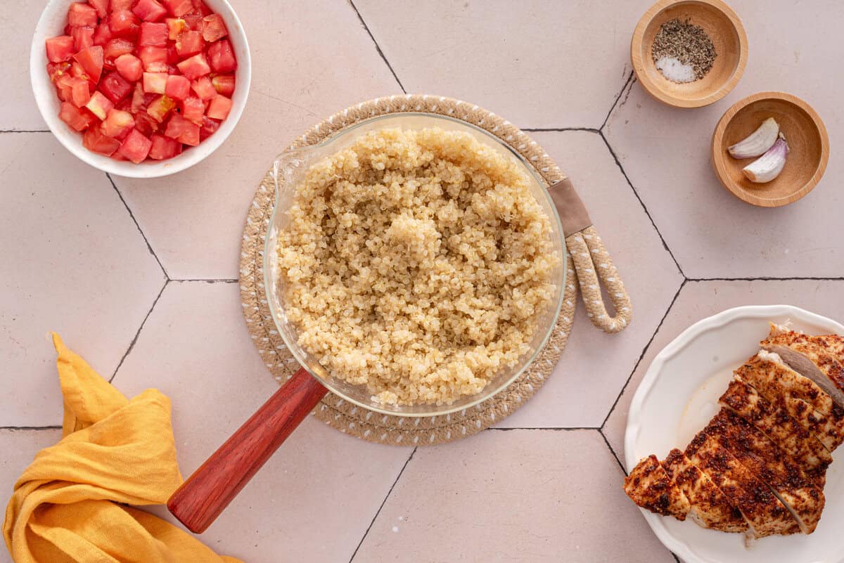 Overhead shot of the first step for the garbanzo and quinoa salad.