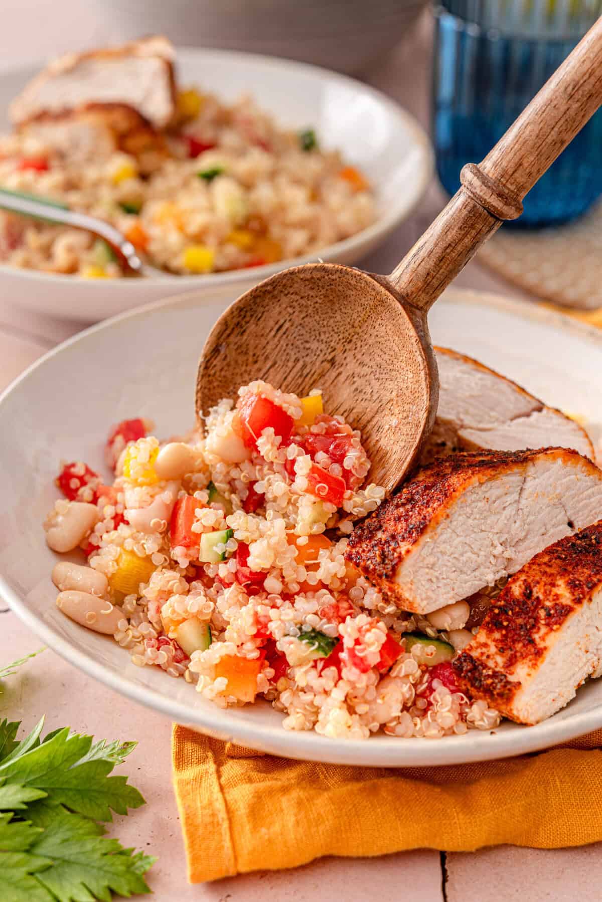 Side angle shot of garbanzo and quinoa salad.