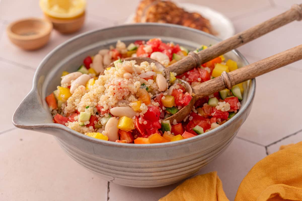 Side angle shot of my garbanzo and quinoa salad ready to be served.
