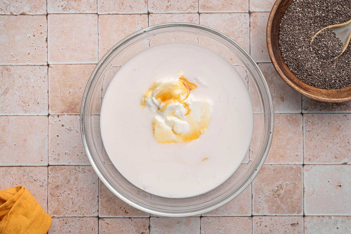 Overhead shot of first step to make creamy coconut chia pudding.