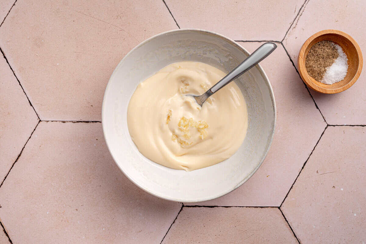 Overhead shot of garlic mayo.