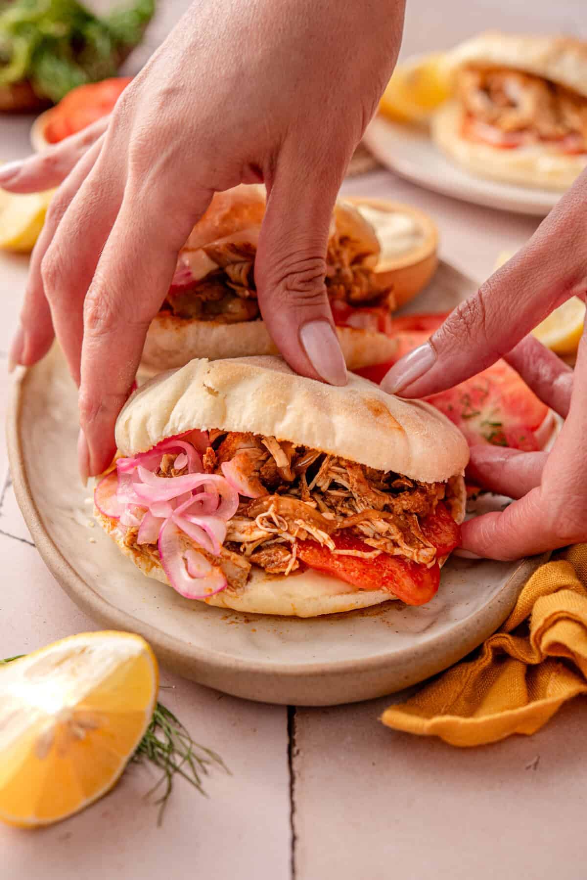 Side shot of slow cooker chicken shawarma served.
