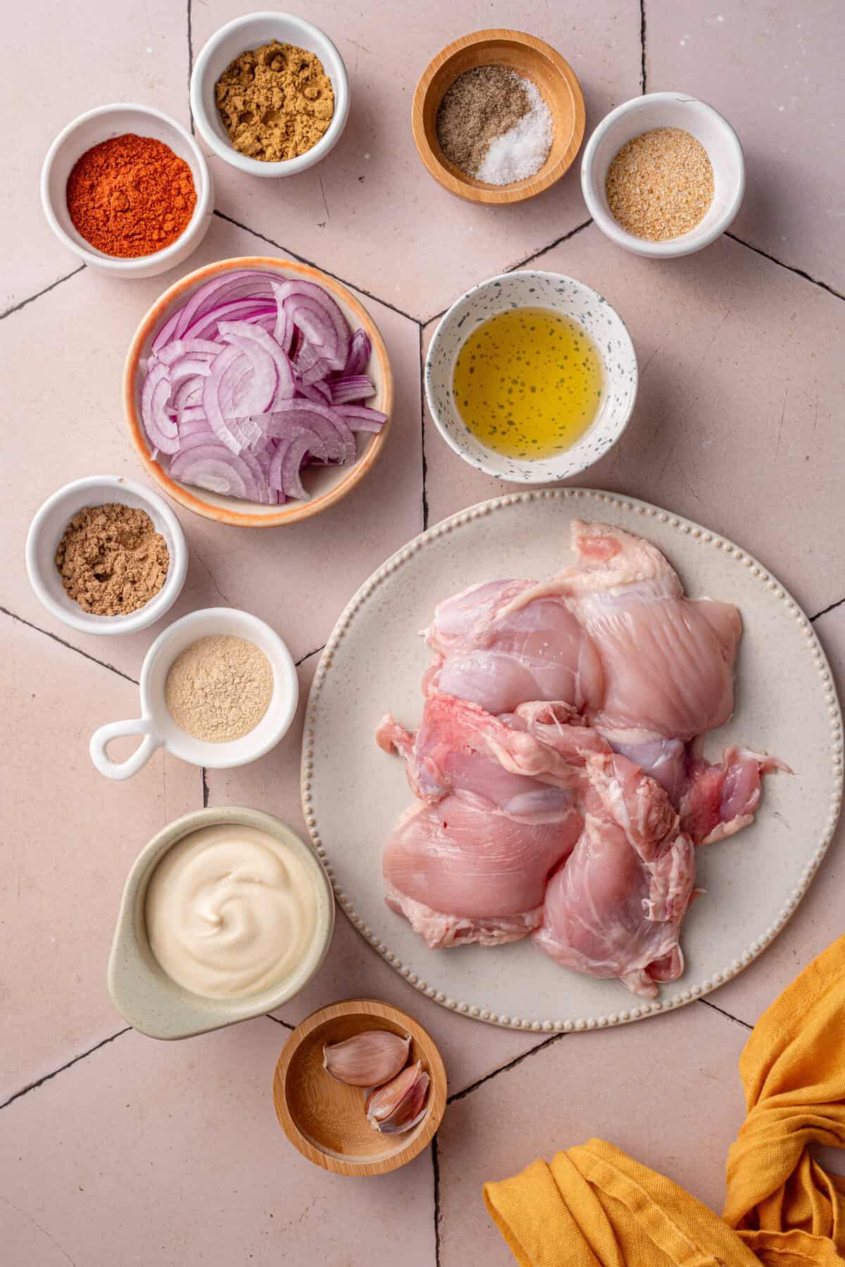 All ingredients needed for the chicken shawarma.