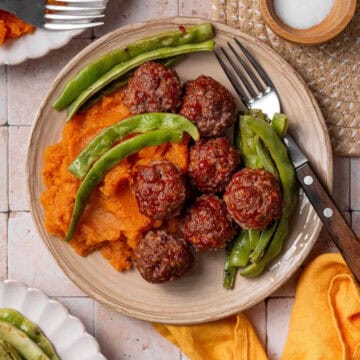 Overhead shot of bbq meatballs.