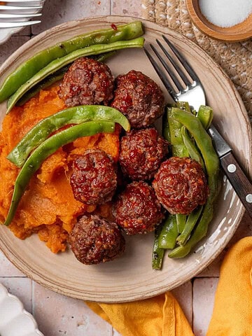 Overhead shot of bbq meatballs.