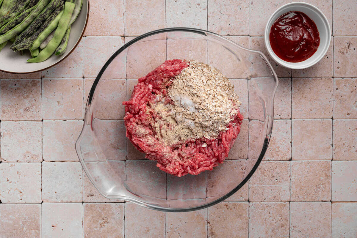 Overhead shot of meatball mixture.