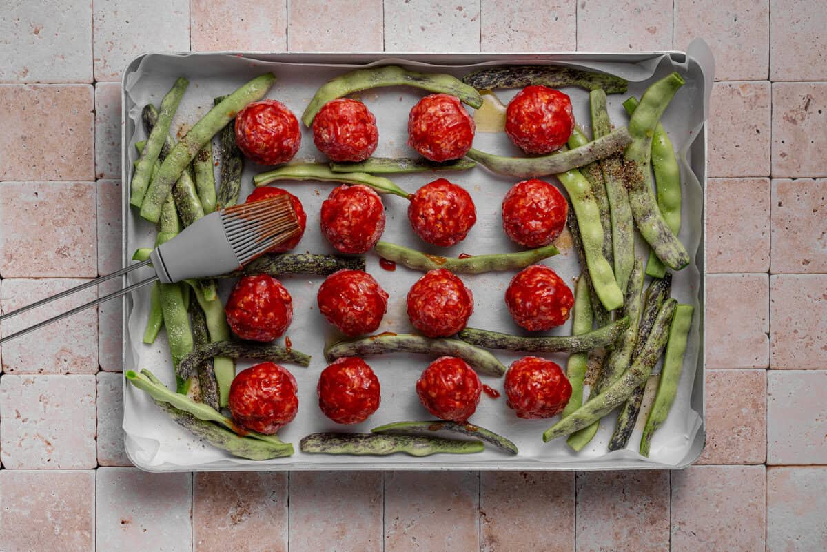 Overhead shot of meatballs with bbq sauce.