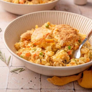 Side shot of chicken pot pie.