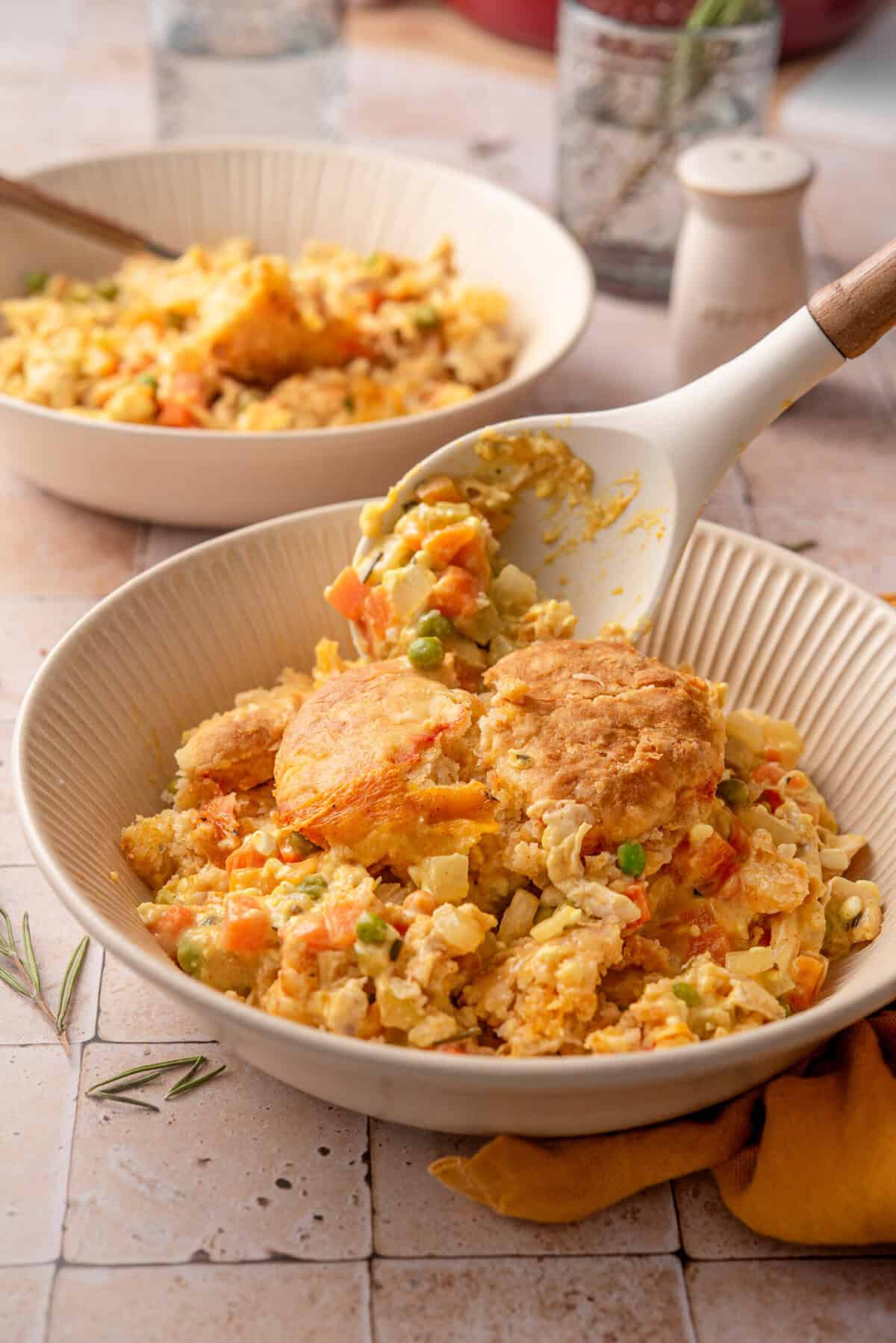 Sideshot of chicken pot pie served.