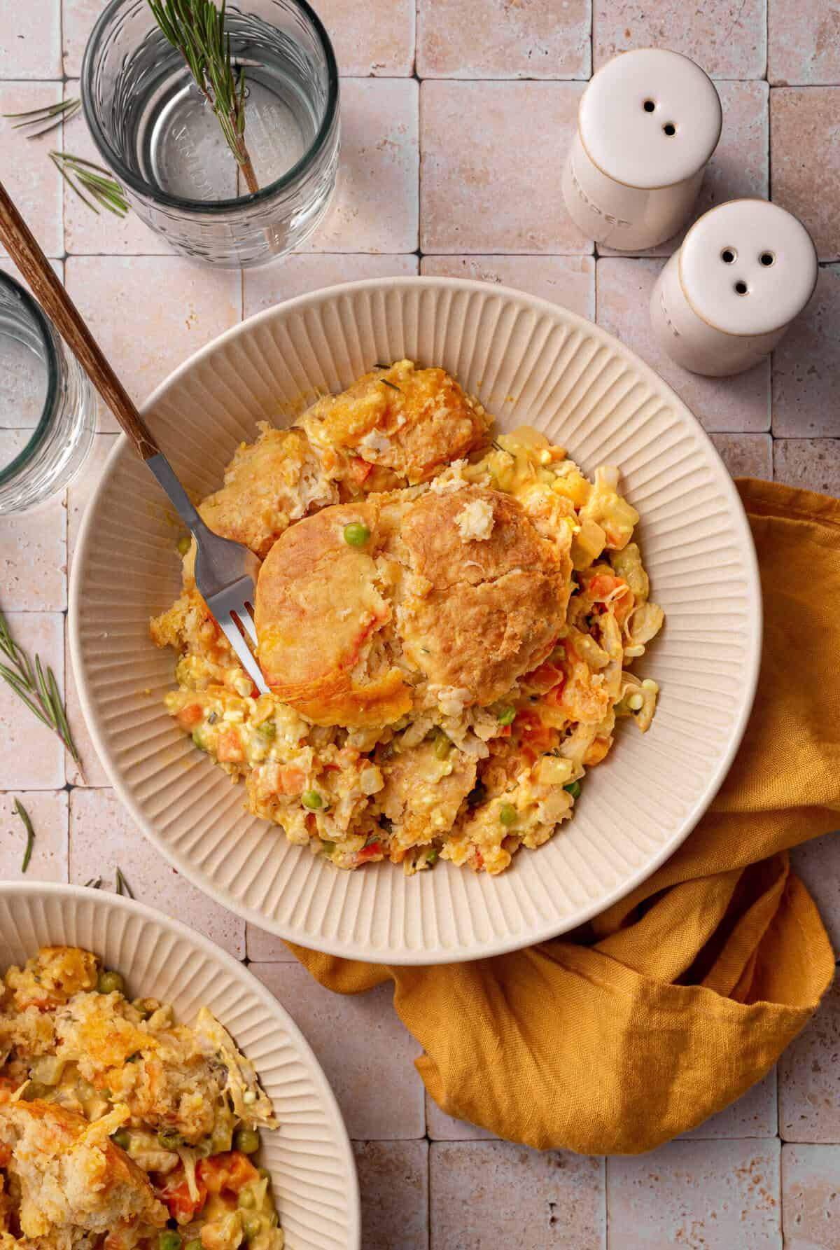 Overhead shot of chicken pot pie served.