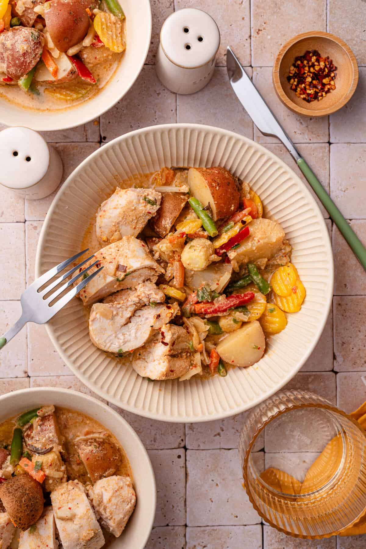 Overhead shot of my coconut red curry chicken and potatoes.