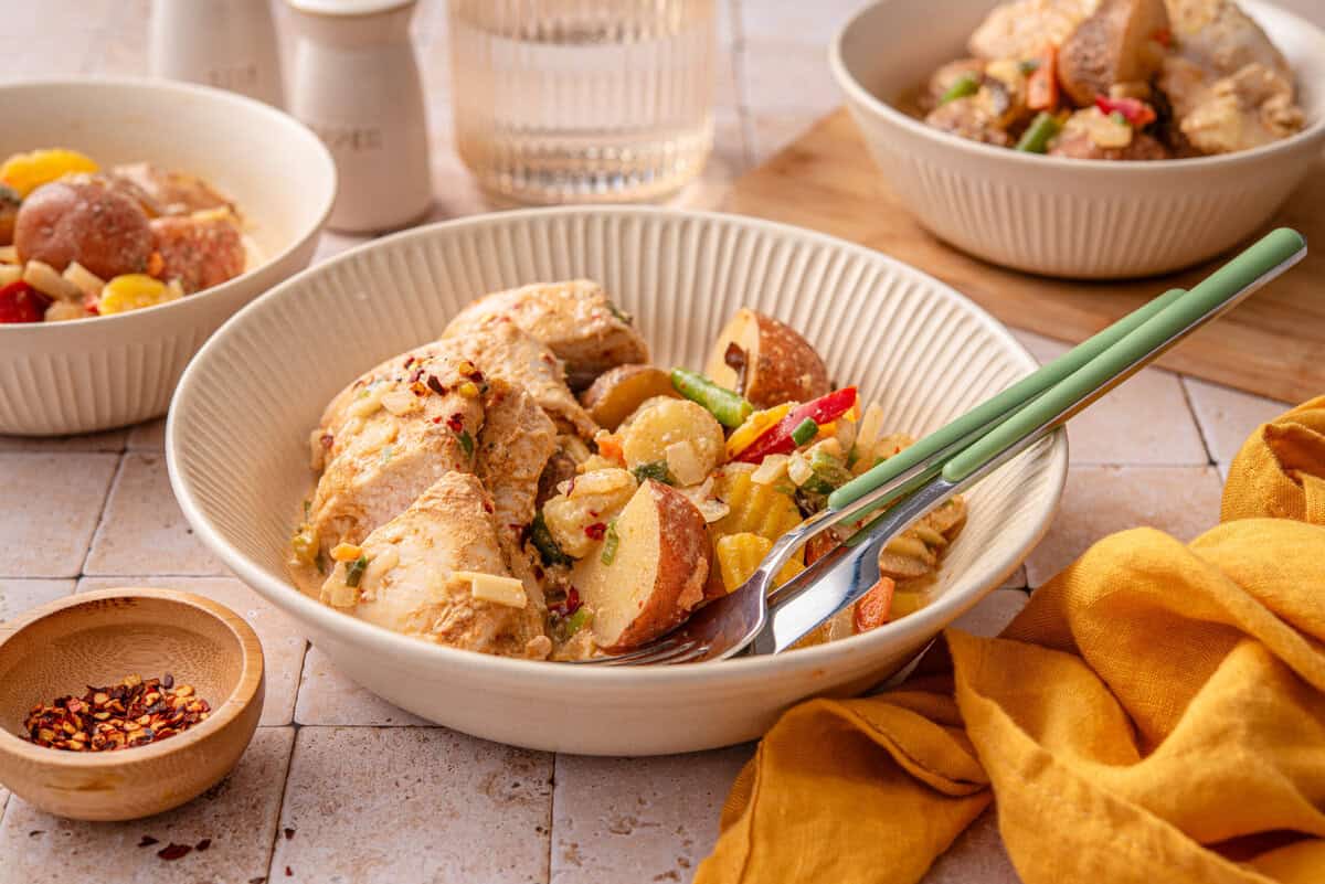 Side shot of my coconut red curry chicken and potatoes. 