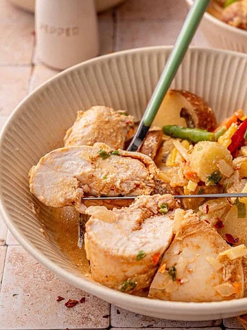 Side shot of my coconut red curry chicken and potatoes.