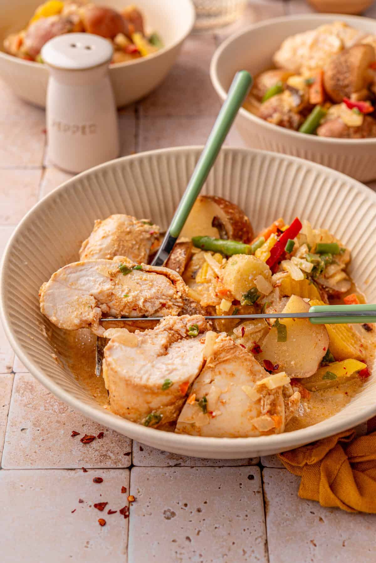 Close up side shot of my coconut red curry chicken and potatoes.