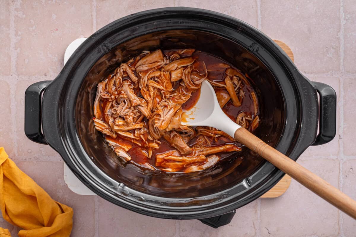 Overhead shot of pork mixed with sauce.