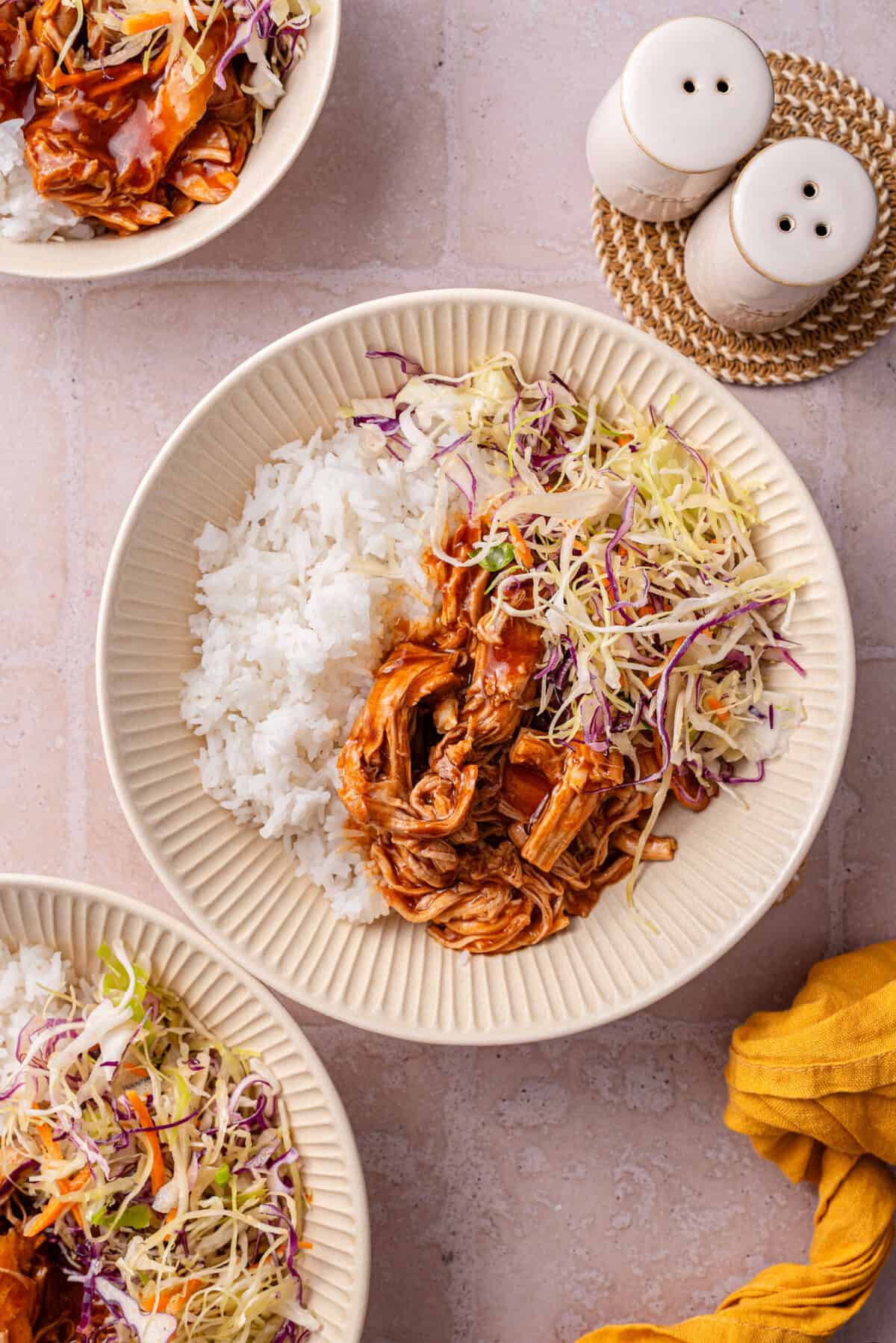 Overhead shot of my bbq pulled pork served with rice and coleslaw.